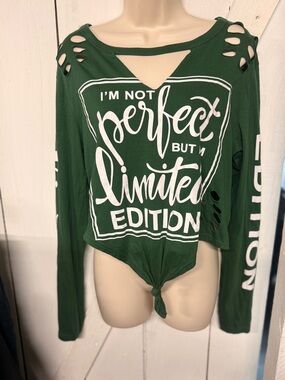 On Fire Green Graphic Long Sleeve Tee with White Print. Ties at bottom front.